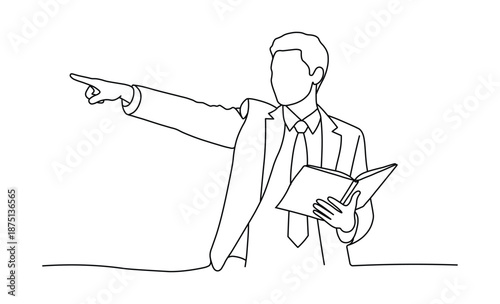 Business person pointing forward holding a book giving clear instructions in a professional setting