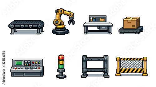 Pixel art factory equipment set with robotic arm and conveyor belt
