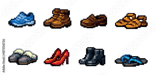 Pixel art footwear collection: boots, heels, sandals, shoes in 8-bit style
