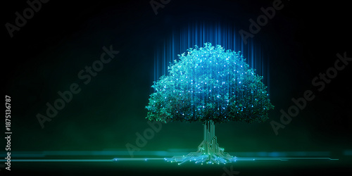 A captivating image of a glowing tree with a digital aesthetic, set against a dark backdrop