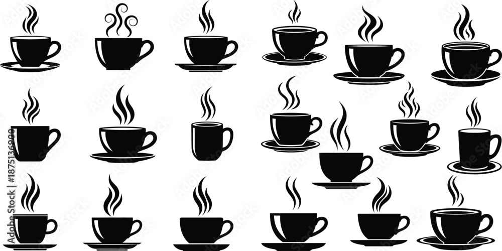 Obraz premium A diverse collection of steaming coffee cup silhouettes, each featuring unique mug shapes and steam patterns, for beverage branding
