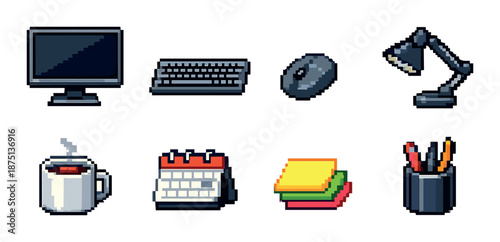 Pixel art office desk setup with computer, keyboard, mouse, and accessories