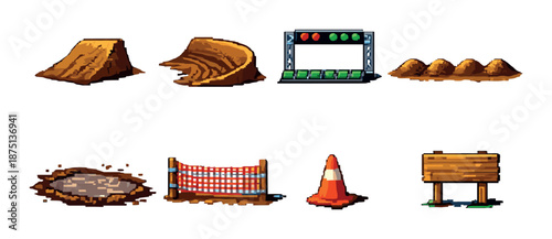 Pixel art motocross track elements: ramps, scoreboard, barriers, and cones
