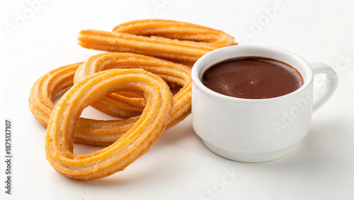 Churros served with hot chocolate on a white background in a simple food setting