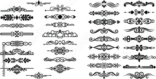 An intricate collection of decorative calligraphic page dividers and elegant flourish elements for design projects