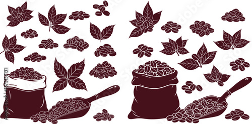 Assorted coffee beans and fresh leaves along with a full sack and scoop in a solid silhouette style