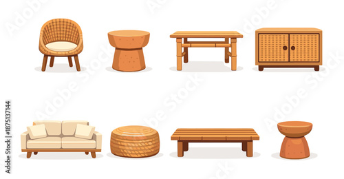Assorted wooden furniture set featuring sofa, chairs, and tables with warm tones