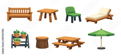 Outdoor furniture set with wooden bench, table, chair, lounger, and umbrella