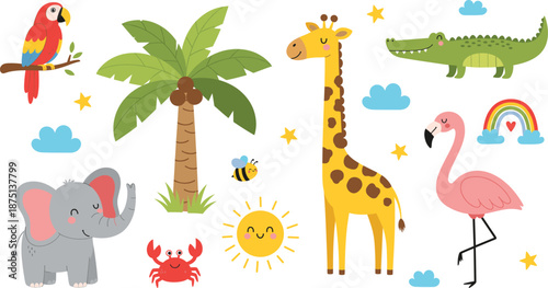 Cute cartoon jungle and safari animals vector set with giraffe elephant flamingo parrot crocodile palm tree and sun