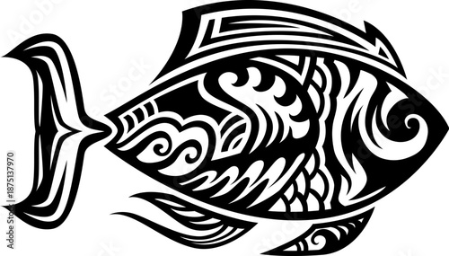 New Zealand Maori tribal piranha fish animal tattoo or print. New Zealand culture piranha fish water animal tattoo, Maori ethnic warrior vector print. Hawaiian tribe motif black symbol or tribal sign