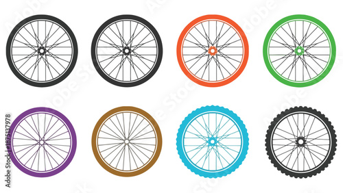 A colorful illustration of bicycle wheels in various designs and colors