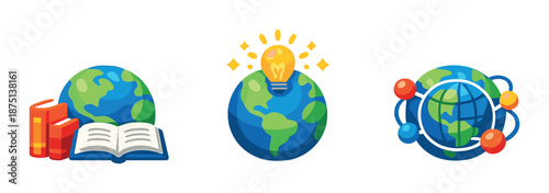Educational icons: books, ideas, and connectivity represented by globes