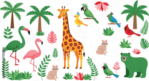 Cute cartoon jungle animals vector set with giraffe flamingo birds bear palm trees leaves and tropical nature elements