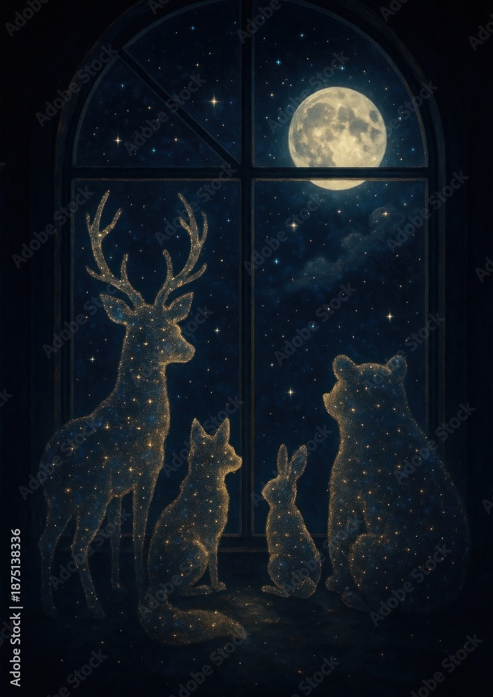 Obraz premium Celestial animals under moonlight.