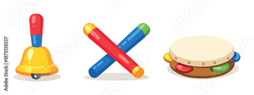 Colorful children's musical instruments with bell, claves, and tambourine on grey background