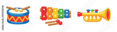 Colorful musical instruments illustration with drum, xylophone, and trumpet