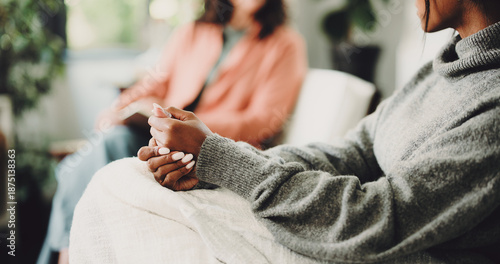 Foto Therapy, anxiety and hands of woman on sofa for counseling, assessment and support