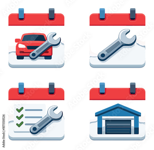 Automotive maintenance icons: car, garage, checklist, wrench calendar symbols