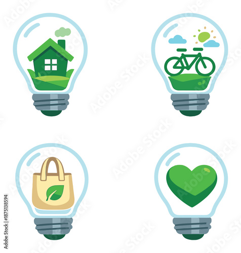 Eco-friendly icons inside light bulbs: home, bicycle, shopping bag, heart
