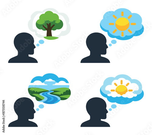 Silhouette figures imagining nature scenes: tree, sun, river, clouds