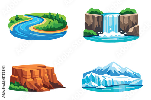 Set of four iconic natural landscapes: river, waterfall, canyon, iceberg
