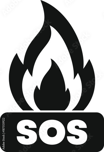 Black and white sos message with a flame symbol presenting a fire emergency