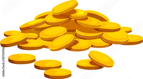 Happy St Patrick Day pile of shiny gold coins, symbol of wealth, leprechaun treasure, luck, fortune, riches, success and prosperity. Cartoon vector golden pirate loot, game asset, bonus or reward