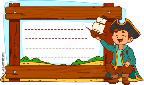 Pirate and corsair sailing kids memo note frame. Kids diary cartoon vector frame, scrapbook corsair piracy label. Child planner sticker with playing pirate boy character, wooden planks and beach shore