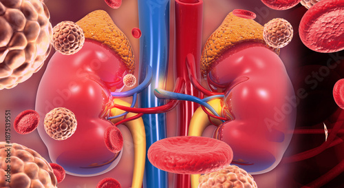Quadro su tela Scientific Illustration of Human Kidney Anatomy with Viral Infection and Microcirculation