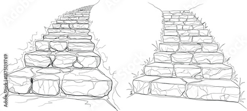 Hand drawn outline illustration of ascending stone steps with natural grass detail for landscape design