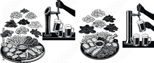 Hand pouring beer from a tap into mugs with a platter of various appetizers and snacks