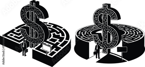 Isometric dollar sign maze with a businessman navigating complex financial challenges and investment paths