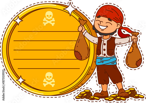 Pirate and corsair gold kids memo note template. Kids scrapbook vector pirate memo note, child diary label. Planner piracy sticker with boy skipper character in bandana holding sacks of golden coins