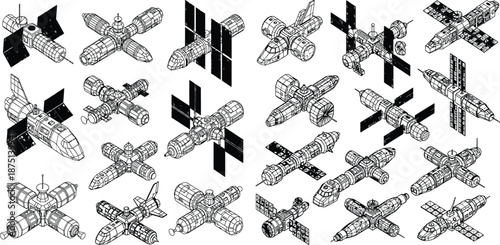 Isometric space station and spacecraft models with detailed wireframe structures for science projects
