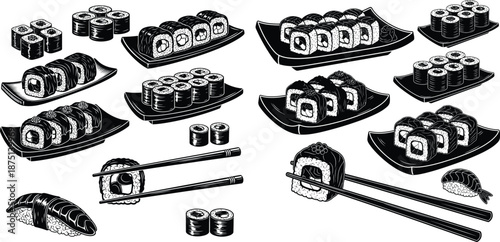 Japanese cuisine set featuring different maki rolls, nigiri, and California sushi with serving accessories