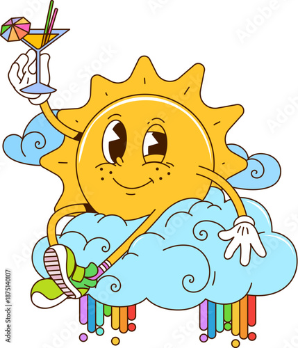 Cartoon retro groovy vector sun character chilling on cloud with cocktail drink, rainbow drips, funky cosmic vibe and cheerful vintage energy. Retro hippie y2k personage full of warmth, joy and relax