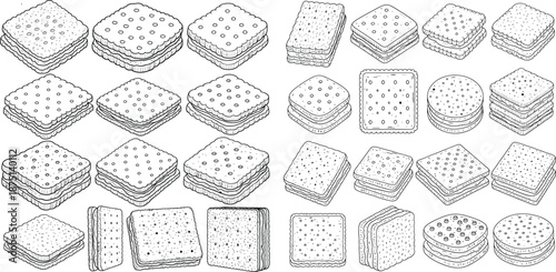 Monoline vector outline collection of various square and round crackers, some with filling, perfect for snack branding