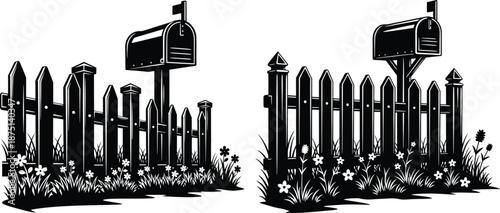 Rural residential picket fence silhouette featuring a classic mailbox and flag surrounded by garden wildflowers
