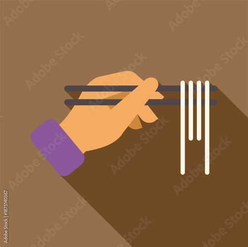 Hand using chopsticks picking up and eating asian noodles in a flat design illustration
