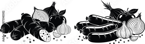 Rustic meat and vegetable composition showcasing sausages, sliced onion, garlic cloves, and fresh tomatoes