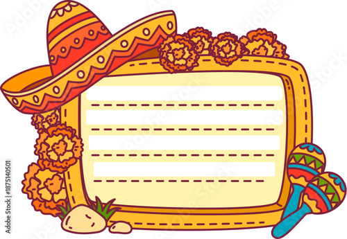 Mexican motif kids memo note template. Kids diary vector Mexico frame, child schedule Latin American sticker. Day planner to do list Mexican memo note with sombrero hat, marigold flowers and maracas