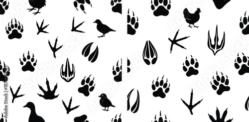 Seamless pattern featuring various animal paw prints and bird silhouettes for wildlife design