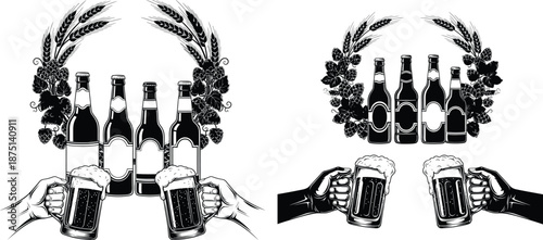 Traditional beer bottles and foamy mugs clutched by hands framed by hops and wheat ears