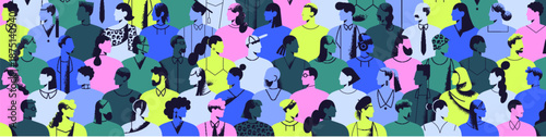 Banner with colourful crowd. Background with abstract men and women of different nationalities. Silhouettes of group of diverse people profiles. Modern multiethnic society. Flat vector illustration