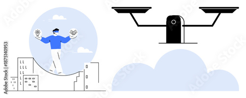 Decision-making, equality, justice, urban society, law balance, ethical choices. Person balancing scales over a cityscape and weight scales against clouds. s decision-making and equality
