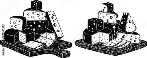 Various cheese forms including wheels, wedges, and blocks, neatly arranged on a rustic wooden cutting board