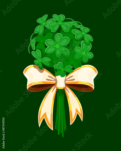 Cartoon St Patrick day bouquet of shamrocks tied with a festive bow, symbolizing happy holiday celebration, good luck and Irish heritage. Vector bunch of clover plant leaves, representing good fortune
