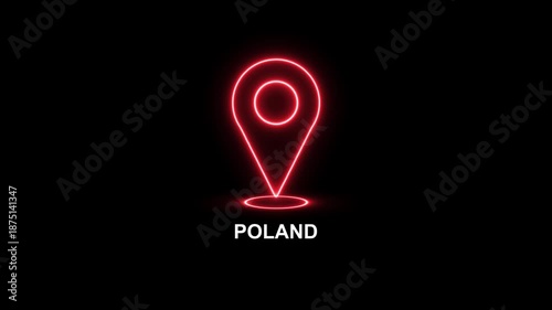 Neon red location pin icon above the word POLAND on a black background