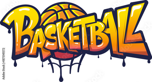 Basketball street graffiti, cool paint spray. Street graffiti print, wall calligraphy vector cool artwork. Urban airbrush drawing or paint spray with funky orange typography and basketball ball in net