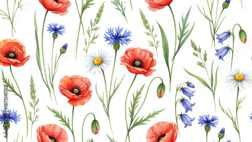 Beautiful vector floral summer seamless pattern with watercolor hand drawn field wild flowers. Stock illustration.